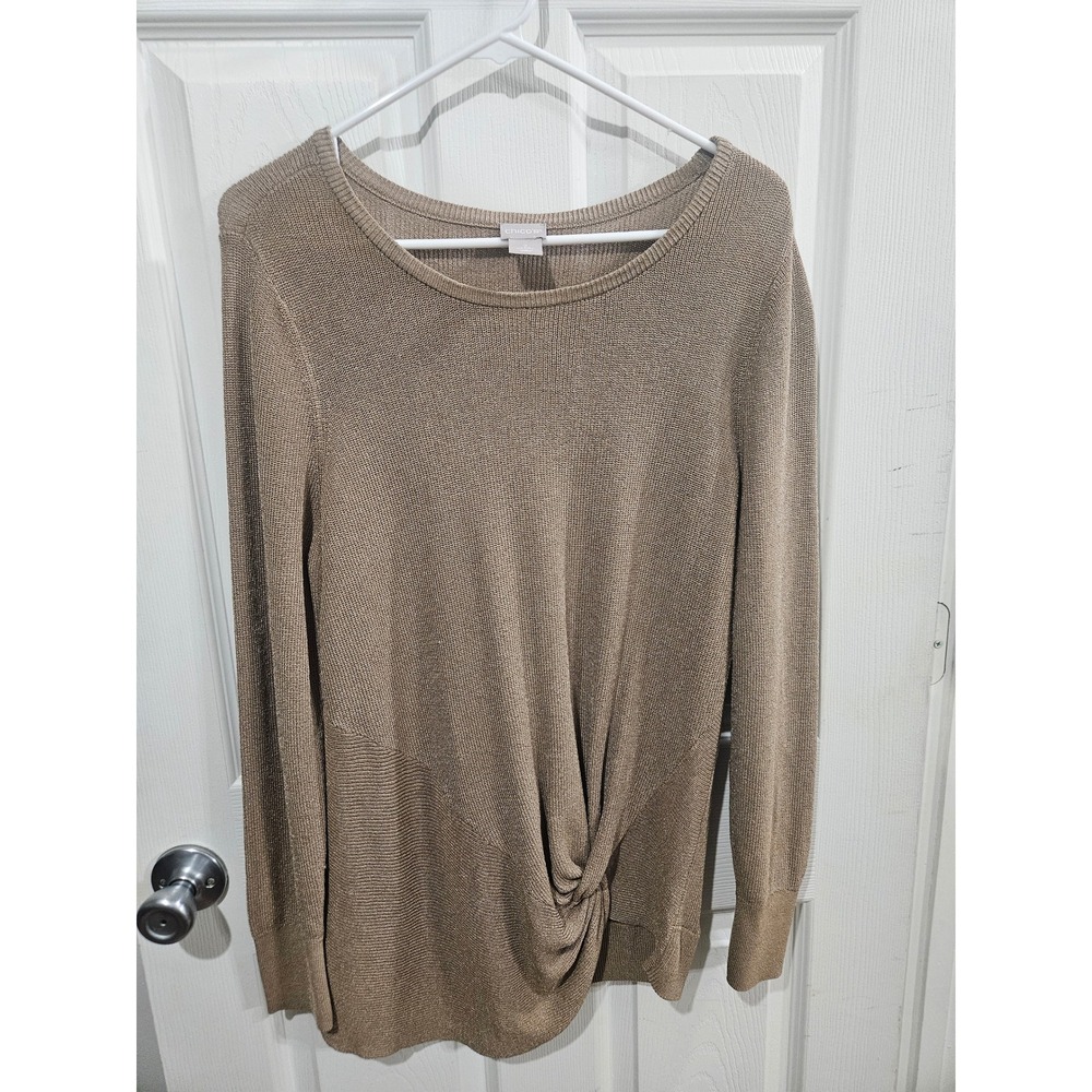 Chicos Metallic Knit Knot Front Sweater Taupe Bronze Shimmer Pullover Size 2 L - Picture 2 of 5